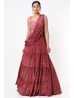 Vana Ethnics - Pink Printed And Embellished Draped Choli And Lehenga