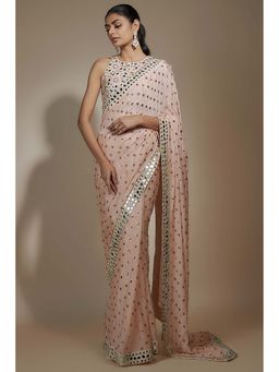 Vana Ethnics - Peach Chinon Sequins and Mirror Saree with Stitched Blouse