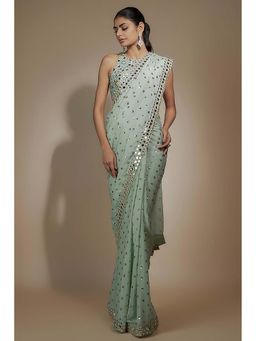 Vana Ethnics - Sea Green Chinon Sequins and Mirror Saree with Stitched Blouse