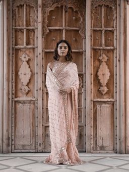 Vana Ethnics - Pink Chinon Sequins and Mirror Saree with Stitched Blouse