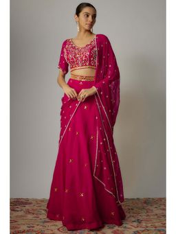 Vana Ethnics - Pink Organza Thread And Mirror Choli And Lehenga With Dupatta
