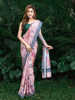 Beatitude - Women Pink Blue Printed Silk Blend Saree with Unstitched Blouse