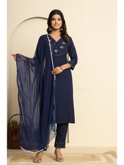 Gahan - Navy Blue Royan Embroidered Straight Kurta and Pant with Dupatta (Set of 3)