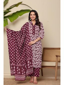 Gahan - Womens Wine Floral Regular Pure Cotton Kurta with Pant & Dupatta (Set of 3)