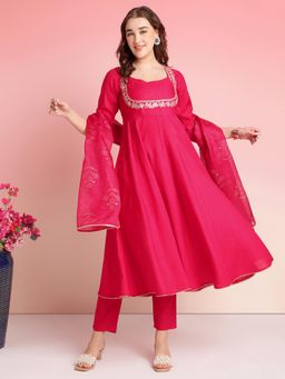Gahan - Womens Pink Rayon Blend Anarkali Embroidered Kurta with Pant & Dupatta (Set of 3)
