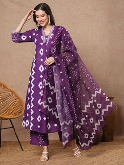 Gahan - Womens Purple Rayon Blend Printed Anarkali Kurta with Pant & Dupatta (Set of 3)