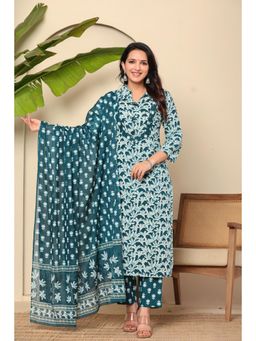 Gahan - Womens Blue Floral Regular Pure Cotton Kurta with Pant & Dupatta (Set of 3)