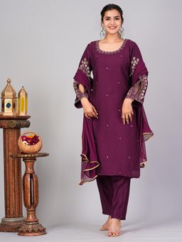 Gahan - Maroon Dusty Storm Embroidered Straight Kurta and Pant with Dupatta (Set of 3)