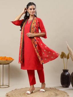 Gahan - Red Modal Chanderi Embroidered Straight Kurta with Pant & Dupatta (Set of 3)