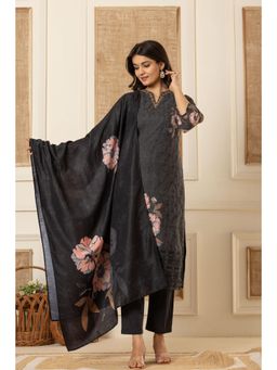 Gahan - Black Schiffli Embroidered Straight Kurta and Pant with Dupatta (Set of 3)