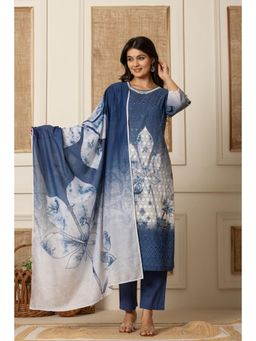 Gahan - Blue Schiffli Embroidered Straight Kurta and Pant with Dupatta (Set of 3)