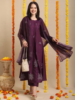 Gahan - Womens Wine Rayon Blend Printed Anarkali Kurta with Pant & Dupatta (Set of 3)