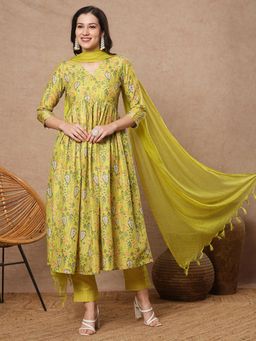 Gahan - Womens Green Rayon Blend Printed Anarkali Kurta with Pant & Dupatta (Set of 3)