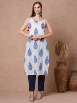 FASHOR - Womens White Ethnic Printed & Kantha Embroidered Straight Fit Kurta