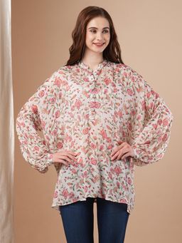 FASHOR - Womens Off White Ethnic Floral Printed Kaftan Style Short Kurti