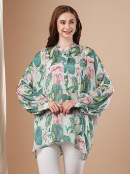 FASHOR - Womens Mint Green Abstract Floral Printed Kaftan Style Short Kurti