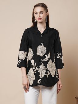FASHOR - Womens Black Abstract Floral Printed Straight Fit Kurti