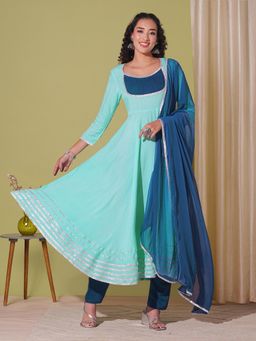 Gahan - Womens Blue Rayon Blend Solid Anarkali Kurta with Pant & Dupatta (Set of 3)