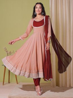 Gahan - Womens Peach Rayon Blend Solid Anarkali Kurta with Pant & Dupatta (Set of 3)