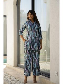 Gahan - Womens Ocean Waves Print Satin Calm & Chic Co-Ord (Set of 2)