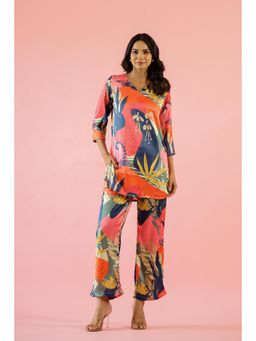 Gahan - Womens Tropical Pastel Print Satin Fresh & Stylish Co-Ord (Set of 2)