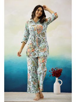 Gahan - Womens Blue & Orange Floral Jaal Cotton Co-Ord (Set of 2)