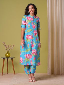 Gahan - Womens Blue Rayon Blend Straight Printed Kurta with Pant (Set of 2)