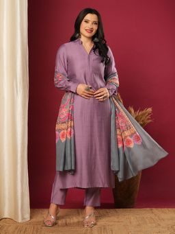 Gahan - Womens Purple Rayon Blend Straight Solid Kurta with Pant & Dupatta (Set of 3)