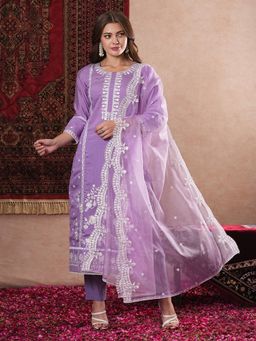 Gahan - Womens Purple Rayon Blend Straight Embroidered Kurta with Pant & Dupatta (Set of 3)