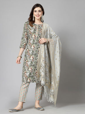 Women's Green Tissue with floral printed and Embroidered Straight Kurta Pant With Dupatta