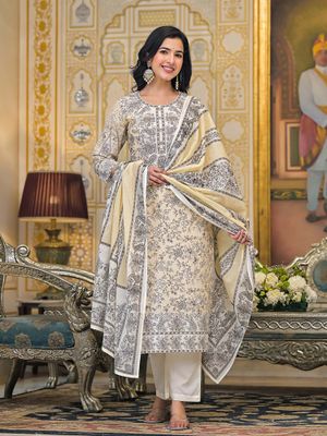 Women Beige Viscose Shantoon Printed Kurta, Pants & Dupatta Set