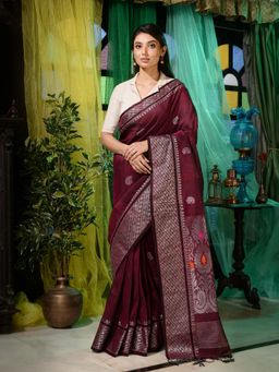 CHARUKRITI - Wine Linen Handwoven Soft Saree With Temple Border with Unstitched Blouse