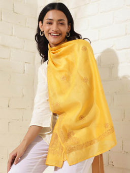 Fabindia - Mustard Cotton Silk Chikankari Stole
