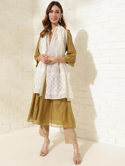 Fabindia - Off White Natural Cotton Silk Chikankari Stole