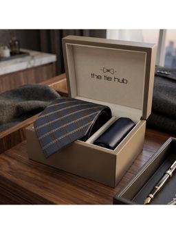 The Tie Hub - Navy Blue Silk Checks Formal Wear Gift Set For Men