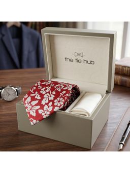 The Tie Hub - Red Silk Floral Printed Formal Wear Gift Set For Men