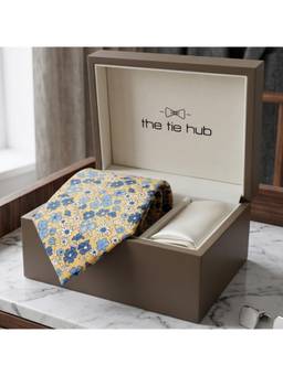 The Tie Hub - Yellow Silk Floral Printed Formal Wear Gift Set For Men