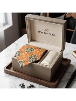 The Tie Hub - Mustard Silk Printed Formal Wear Gift Set For Men