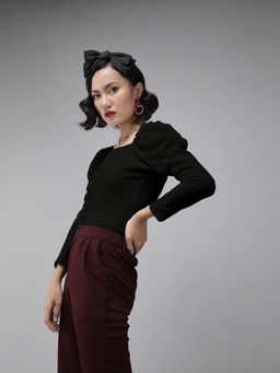 RARE - Top Women Casual Black Colour Square Neck Self Design Regular Top