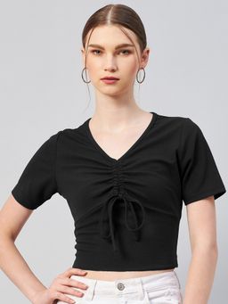 RARE - Women Casual Black Colour V-neck Solid Fitted Top