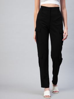 RARE - Women Casual Black Colour Solid Cargos Pants