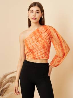 RARE - Women Casual Orange Colour One Shoulder Tie And Dye Regular Top