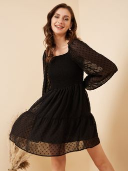 RARE - Women Casual Solid Black Colour Above Knee Dress
