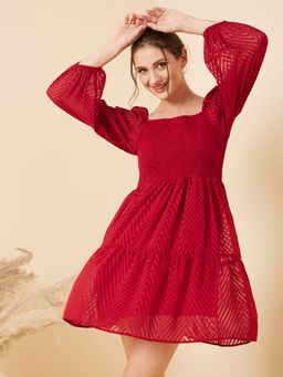 RARE - Women Casual Maroon Colour Above Knee Self Design Dress