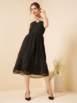 RARE - Women Casual Black Colour Midi Striped Dress