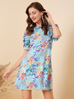 RARE - Women Casual Aqua Colour Mini Floral Dress