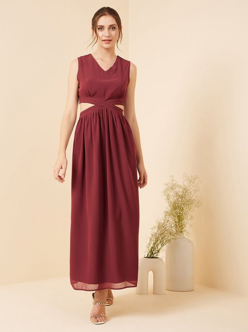 chinese dress ladies Wine Red Lace Solid Color Short Sleeve Deep V Neck Maxi Dress – Ncocon main image 1