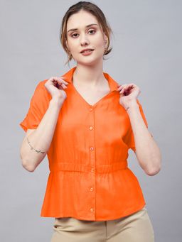RARE - Women Casual Orange Colour Notched Lapel Solid Regular Top