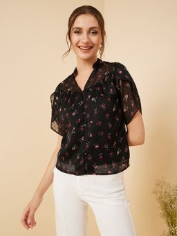 RARE - Women Casual Black Colour Mandarin Neck Floral Regular Top