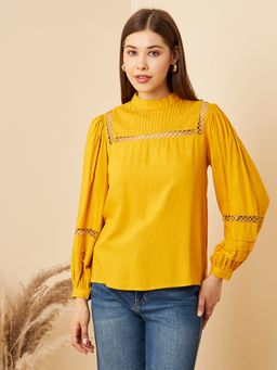 RARE - Women Casual Mustard Colour High Neck Solid Regular Top